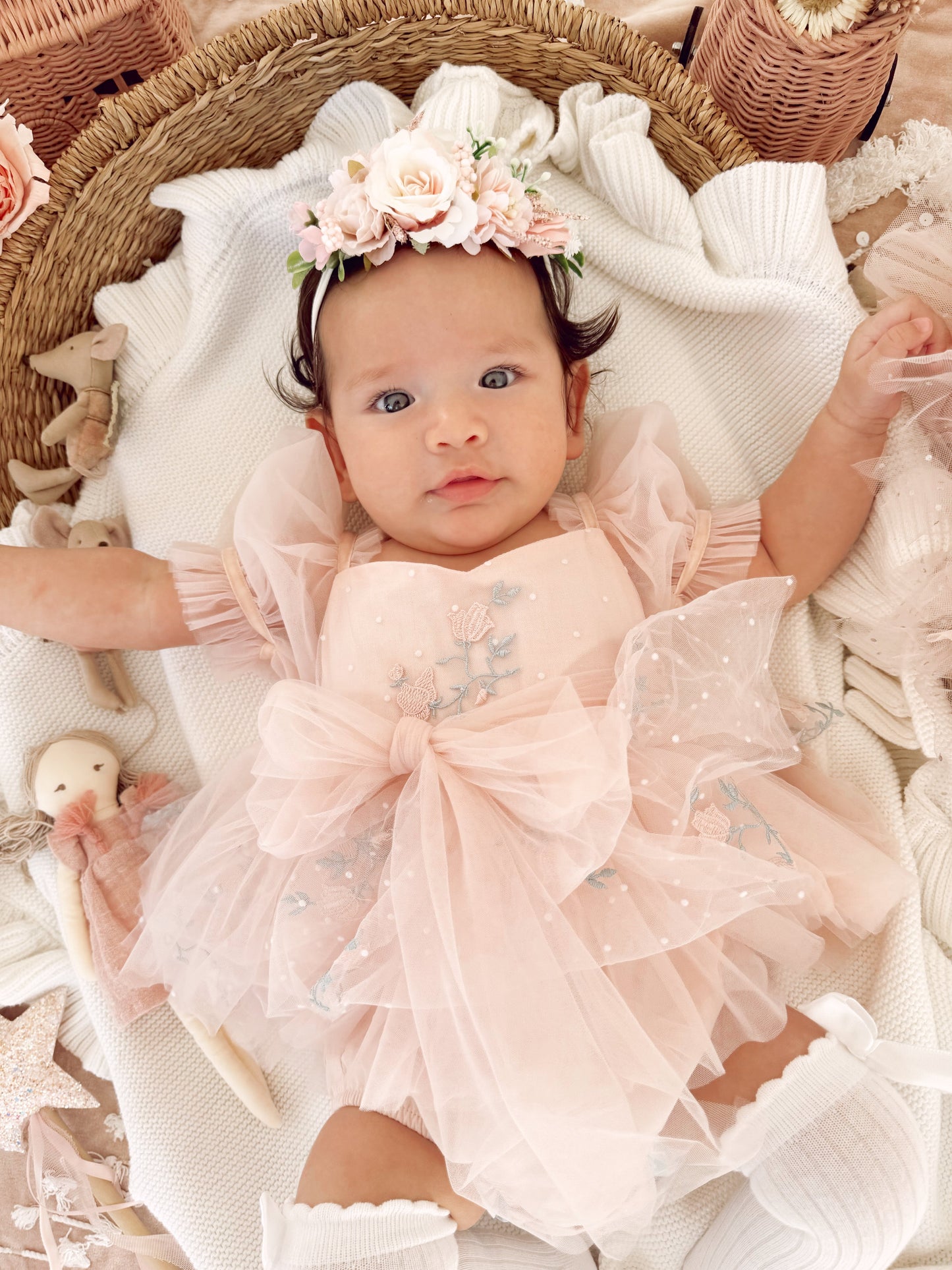 Swan Lake Ballerina Pink Embroidered Baby Girl Tulle Party Romper