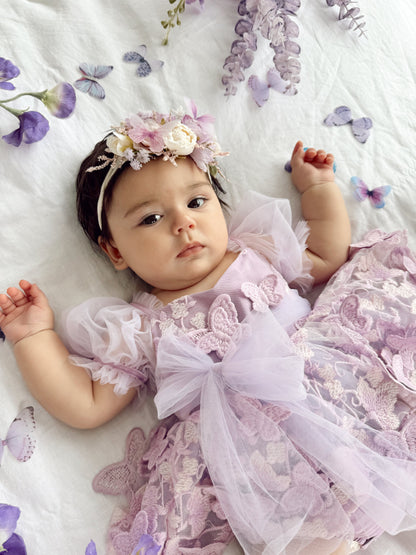 Butterfly Kisses Lilac Pink Rose Embroidered Baby Girl Tulle Party Romper
