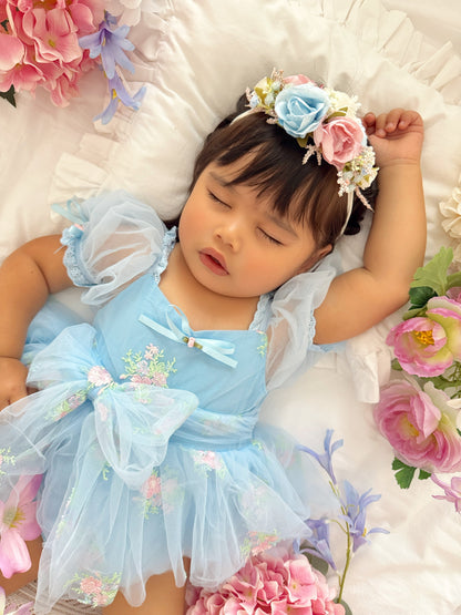 Afina Blue Embroidered Baby Girl Tulle Party Romper