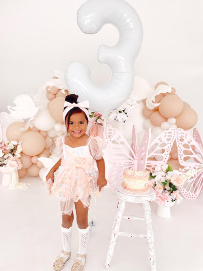 Butterfly Kisses Peach Rose Baby Girl Embroidered Tulle Party Romper