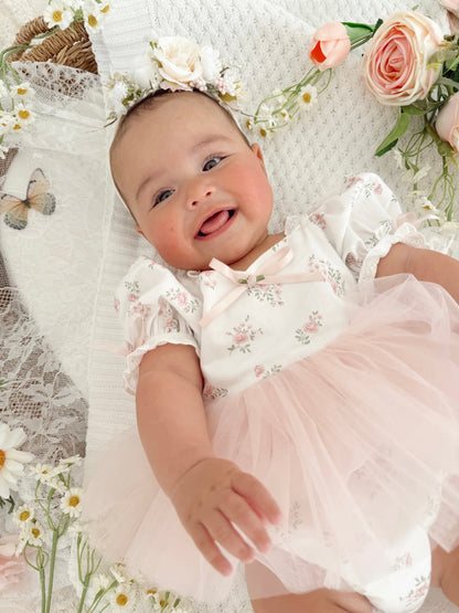 Odessa Flower Perfect Pink Floral Baby Girl Tulle Party Romper