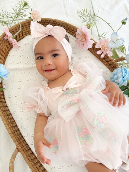 Peony Bloom Petal Pink Embroidered Baby Girl Tulle Party Romper