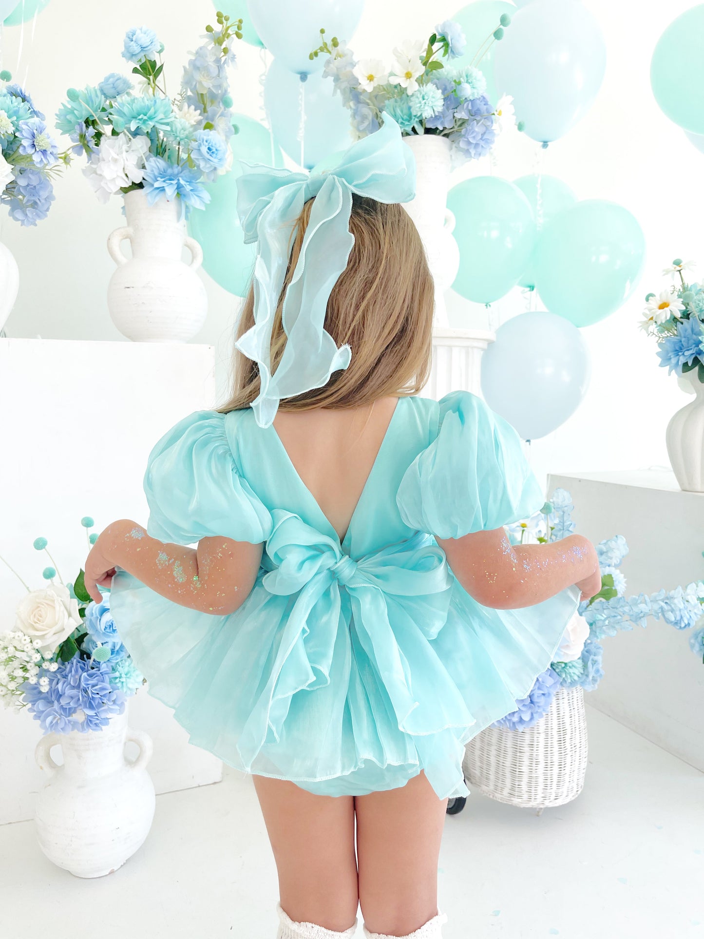 Dolly Turquoise Sky Organza Baby Girl Blue Party Romper