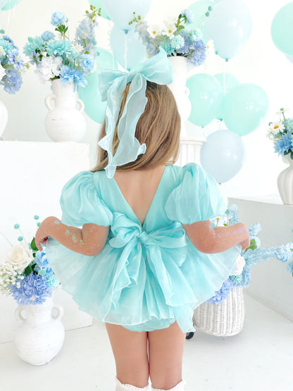 Dolly Turquoise Sky Organza Baby Girl Blue Party Romper