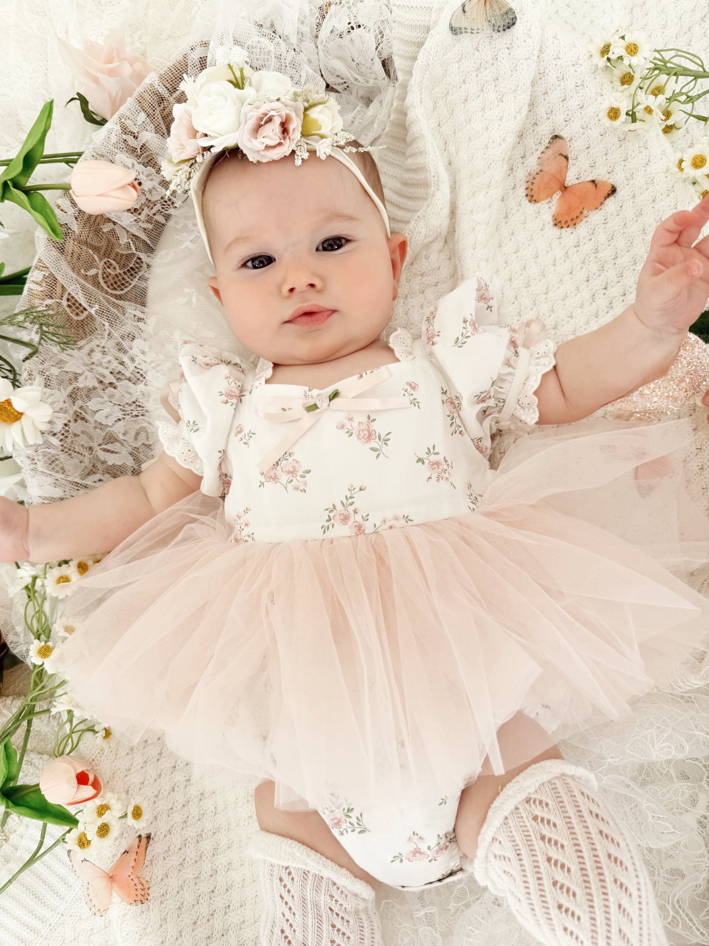 Odessa Flower Perfect Pink Floral Baby Girl Tulle Party Romper