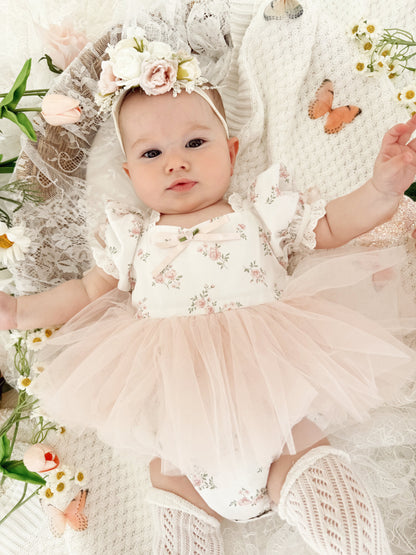 Odessa Flower Perfect Pink Floral Baby Girl Tulle Party Romper