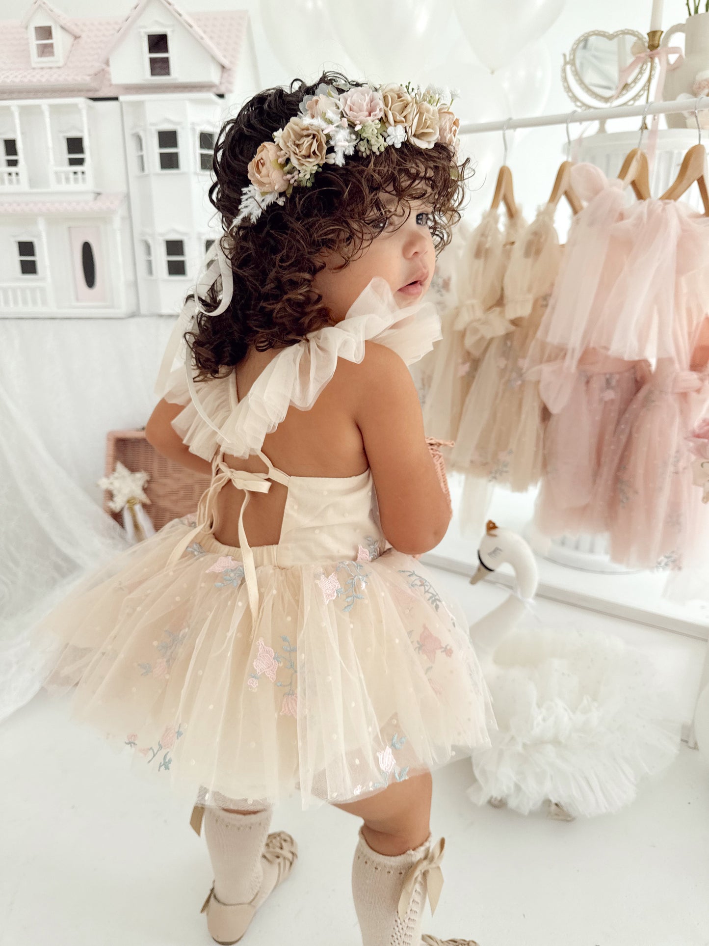 The Rose Champagne Embroidered Baby Girl Tulle Party Romper