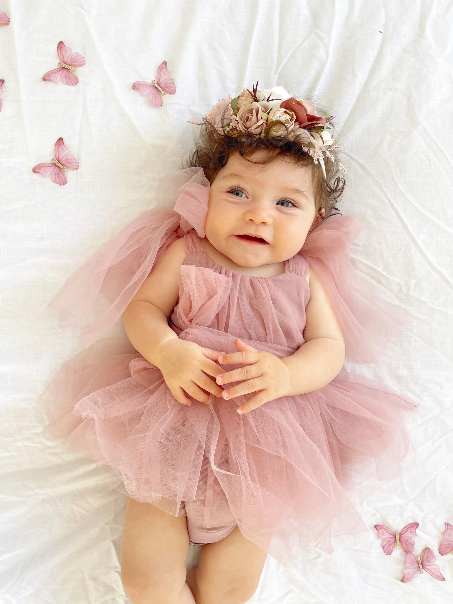 English Rose Dusty Rose Pink Baby Girl Tulle Romper