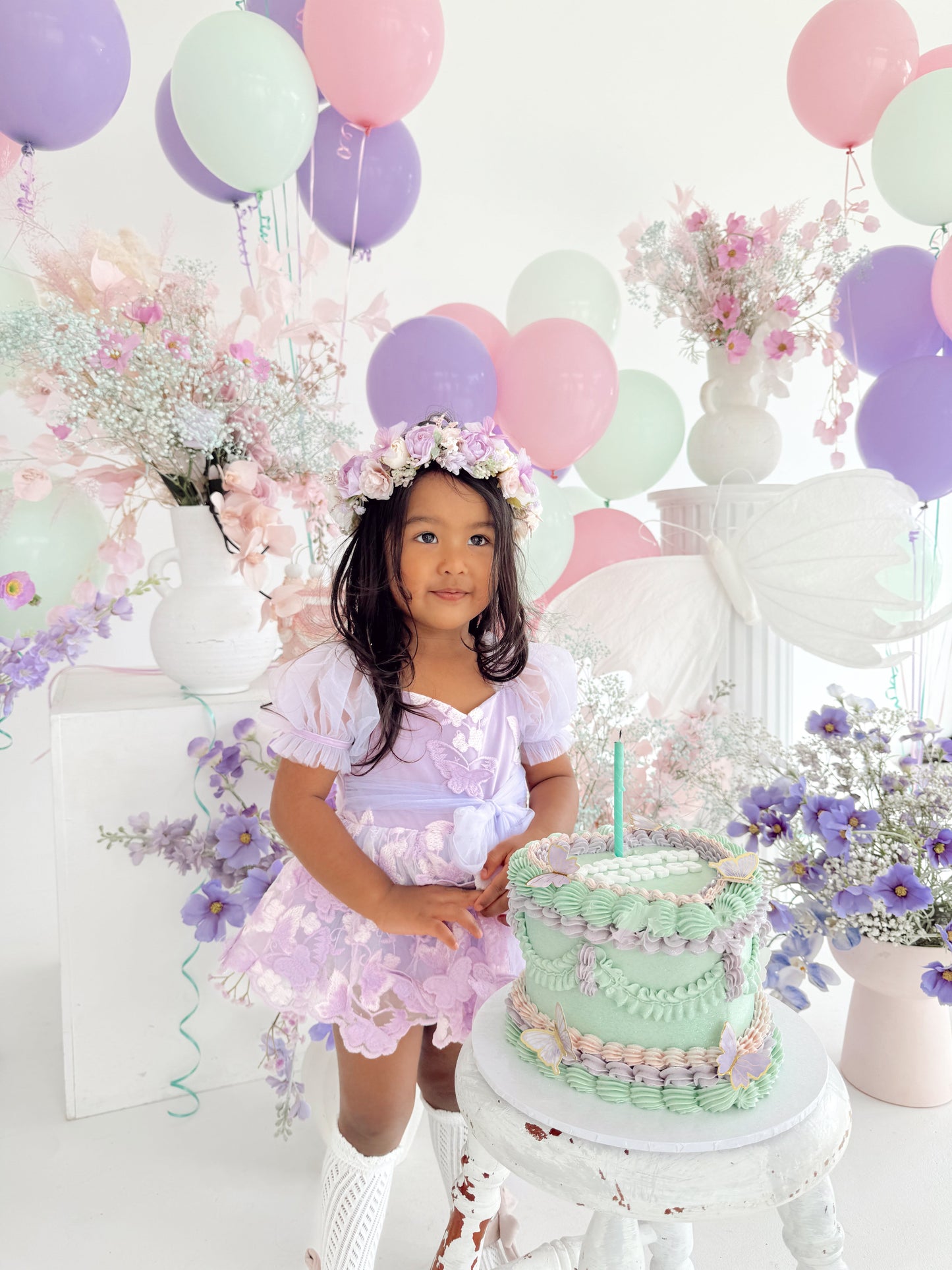 Butterfly Kisses Lilac Pink Rose Embroidered Baby Girl Tulle Party Romper