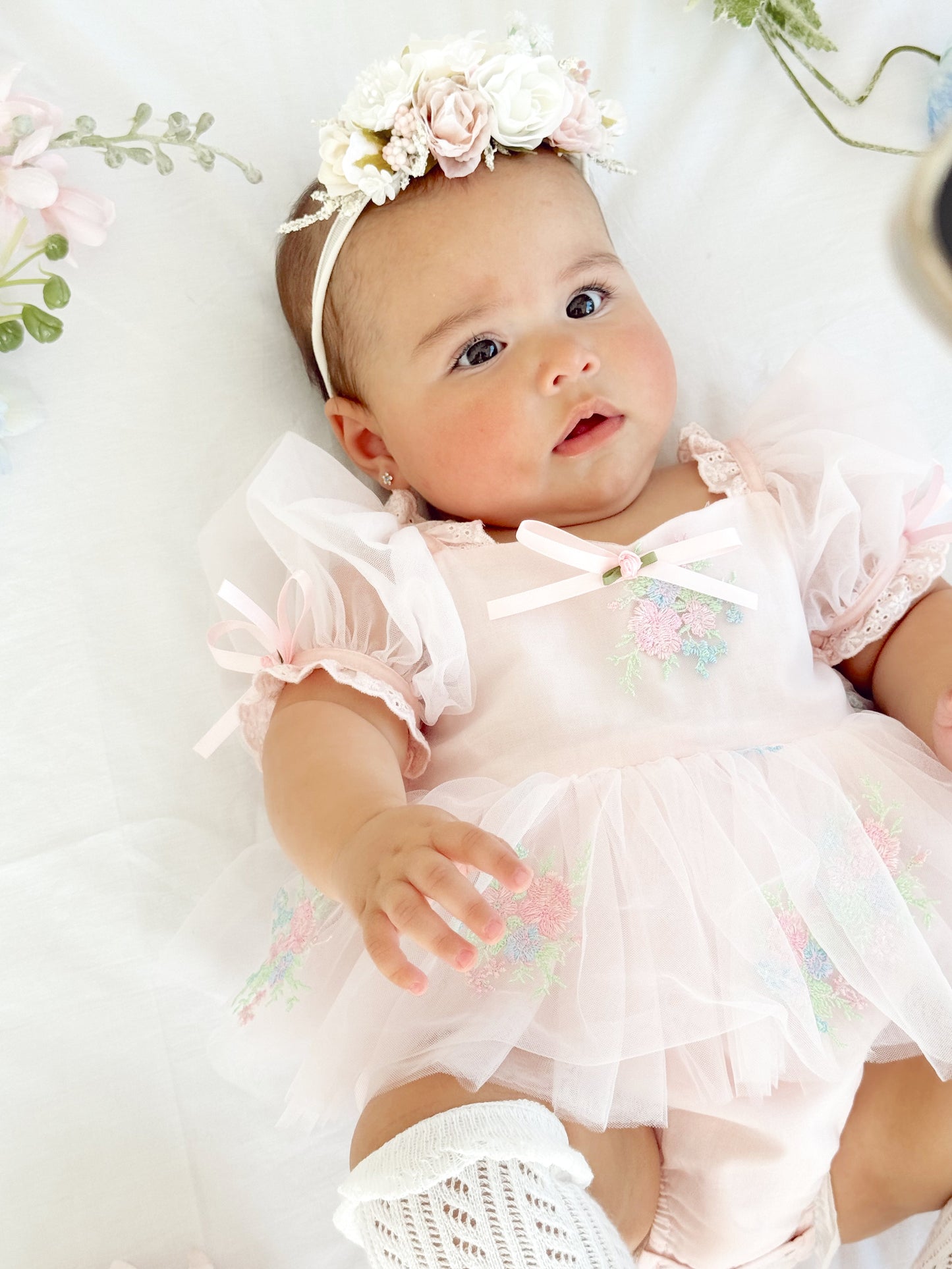 Peony Bloom Petal Pink Embroidered Baby Girl Tulle Party Romper