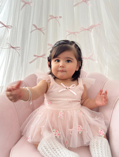 Belle Bow Perfect Pink Embroidered Baby Girl Tulle Party Romper
