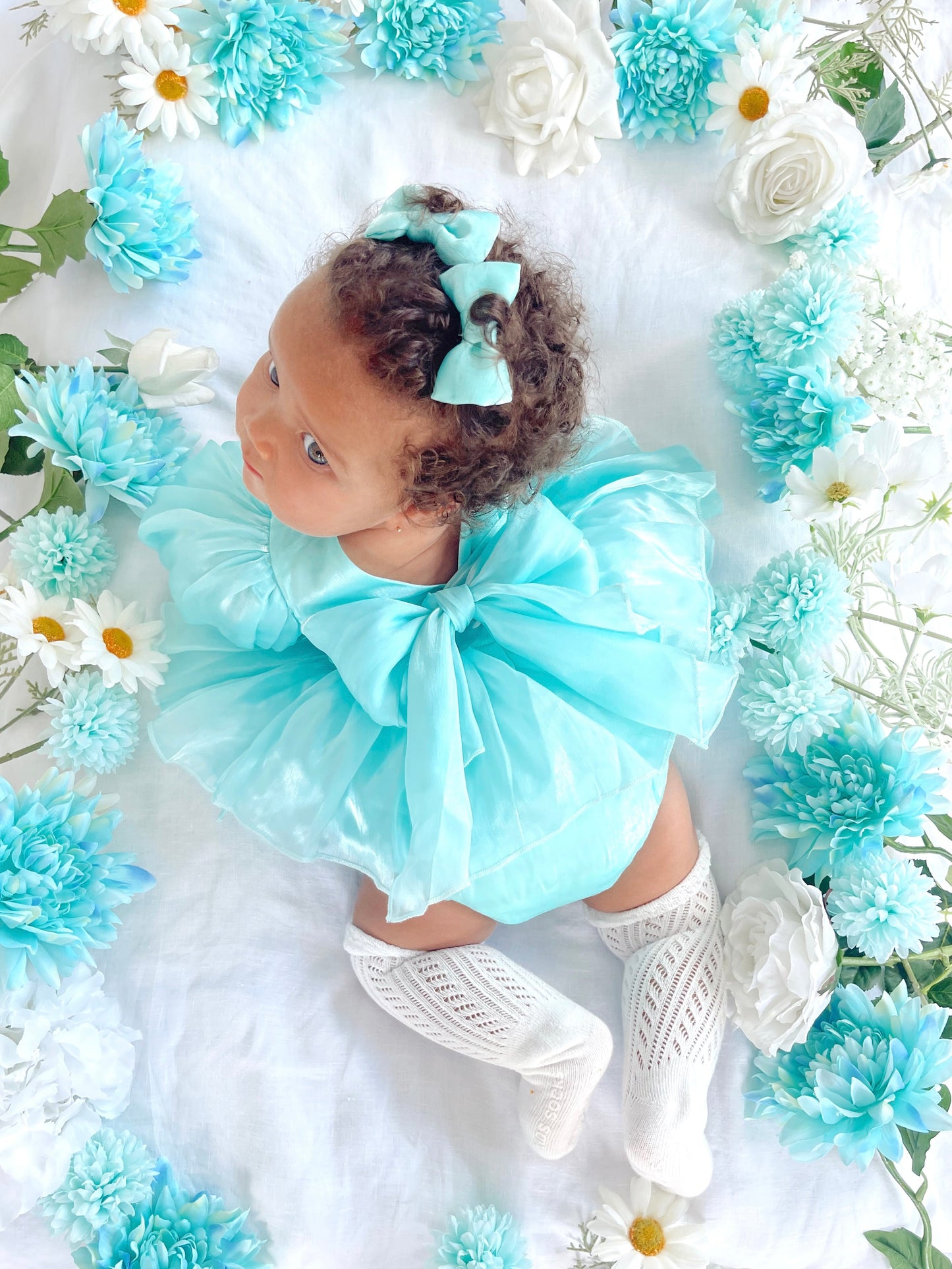 Dolly Turquoise Sky Organza Baby Girl Blue Party Romper