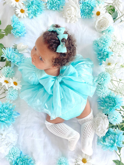 Dolly Turquoise Sky Organza Baby Girl Blue Party Romper