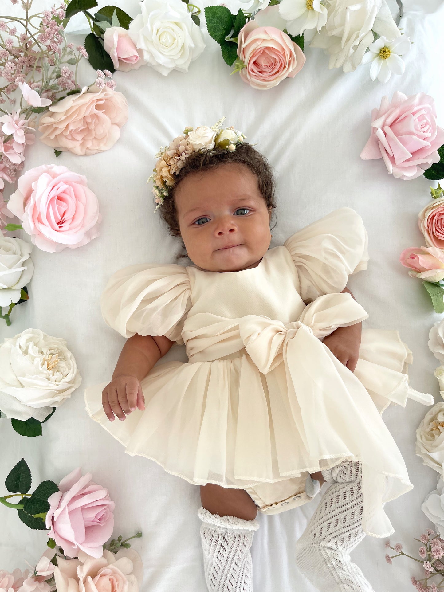 Clementine Matte Cream Organza Baby Girl Romper