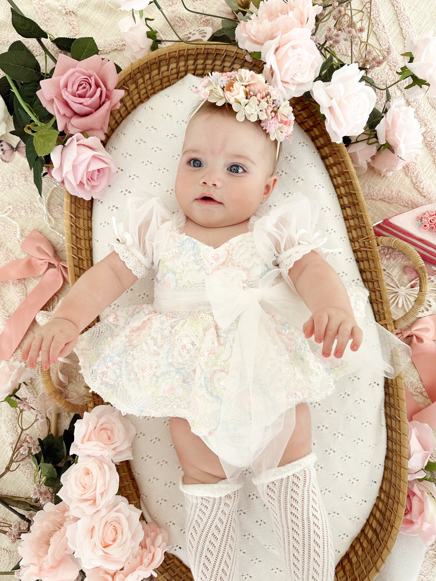 Josephine Lace Blossom Baby Girl Sequin White Tulle Party Romper