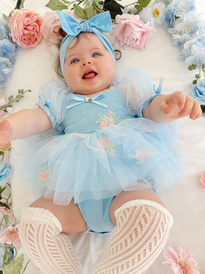 Afina Blue Embroidered Baby Girl Tulle Party Romper