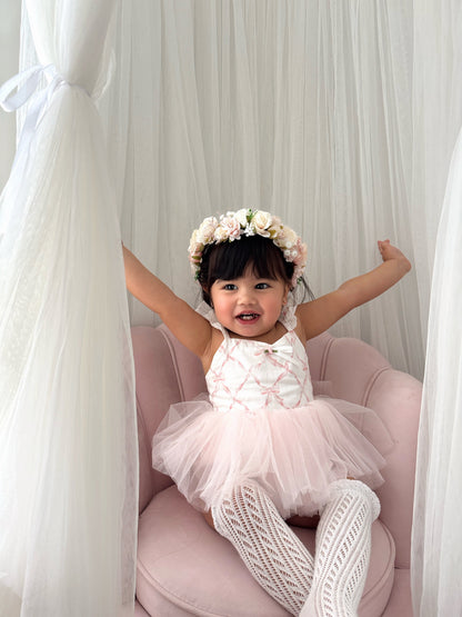 Rosette Pink Bow Baby Girl Tulle Party Romper
