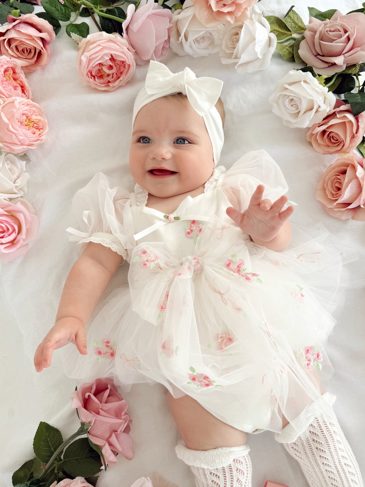 Fleur Butterfly Embroidered Baby Girl White Tulle Party Romper