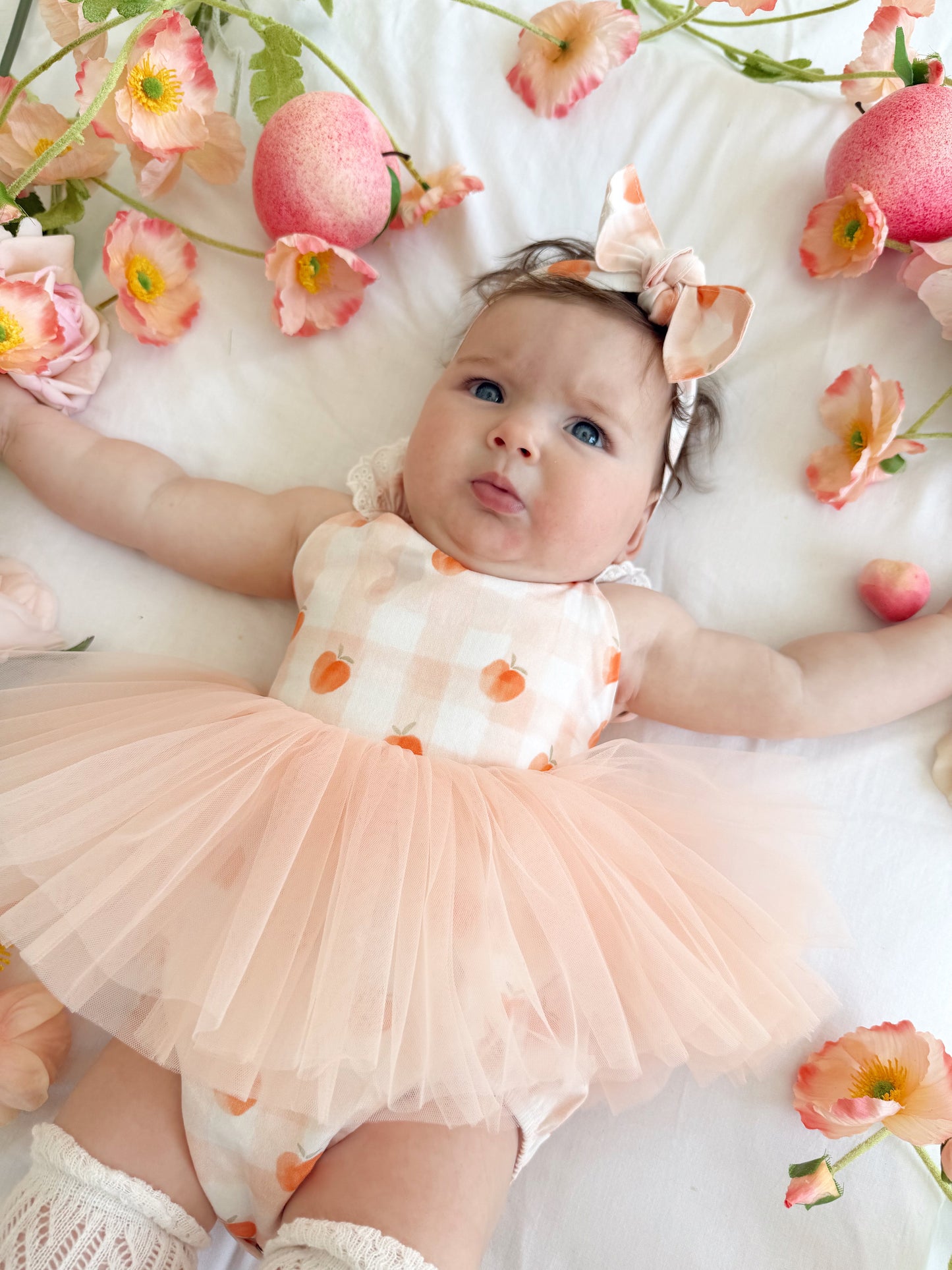 Peach Sorbet Gingham Baby Girl Tulle Party Romper
