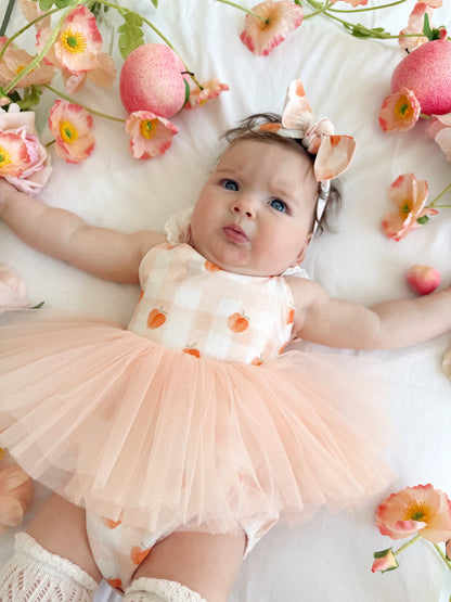 Peach Sorbet Gingham Baby Girl Tulle Party Romper