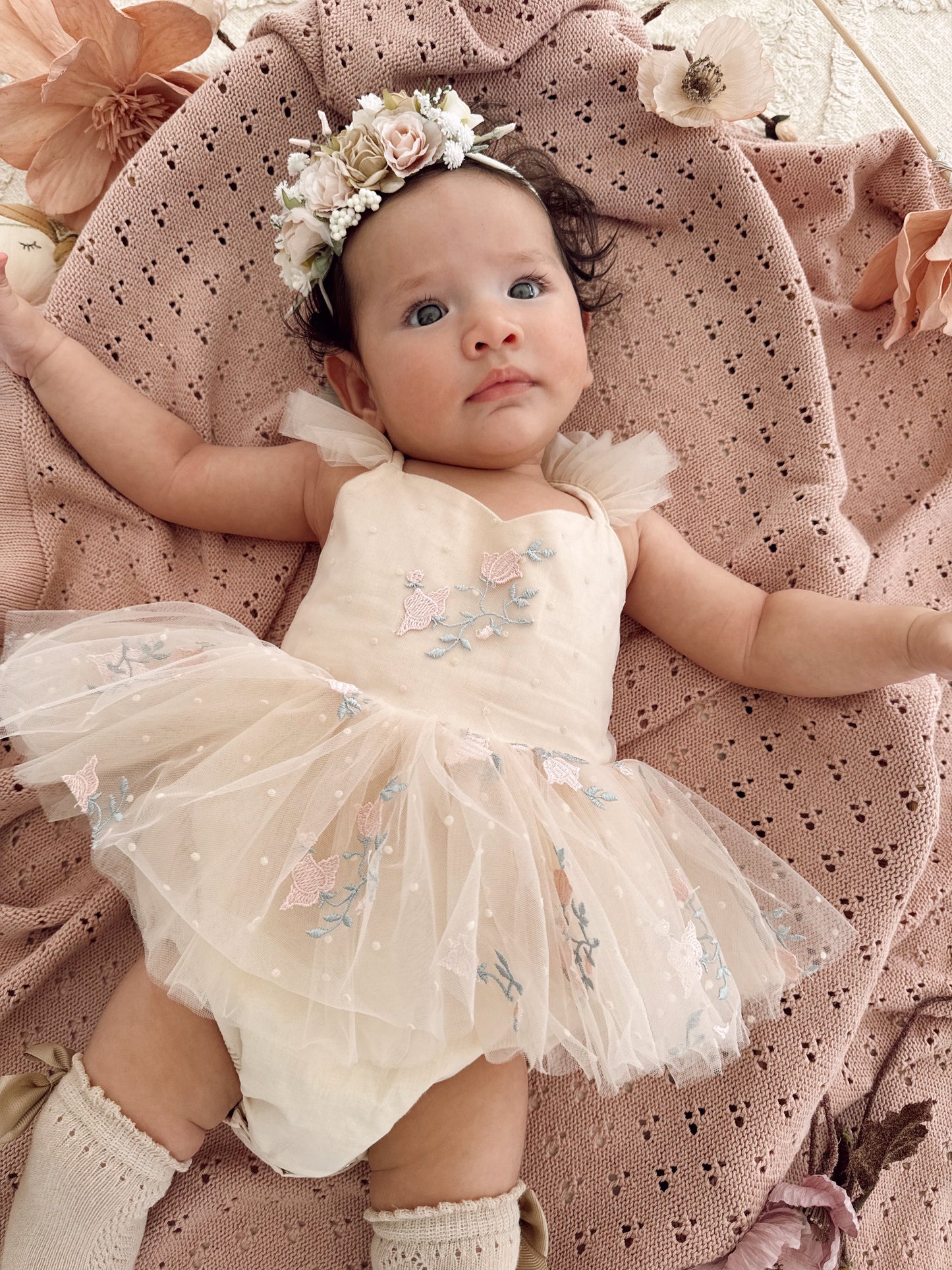 The Rose Champagne Embroidered Baby Girl Tulle Party Romper
