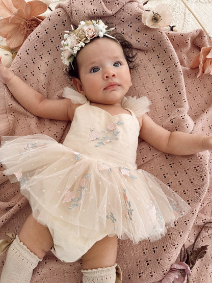 The Rose Champagne Embroidered Baby Girl Tulle Party Romper