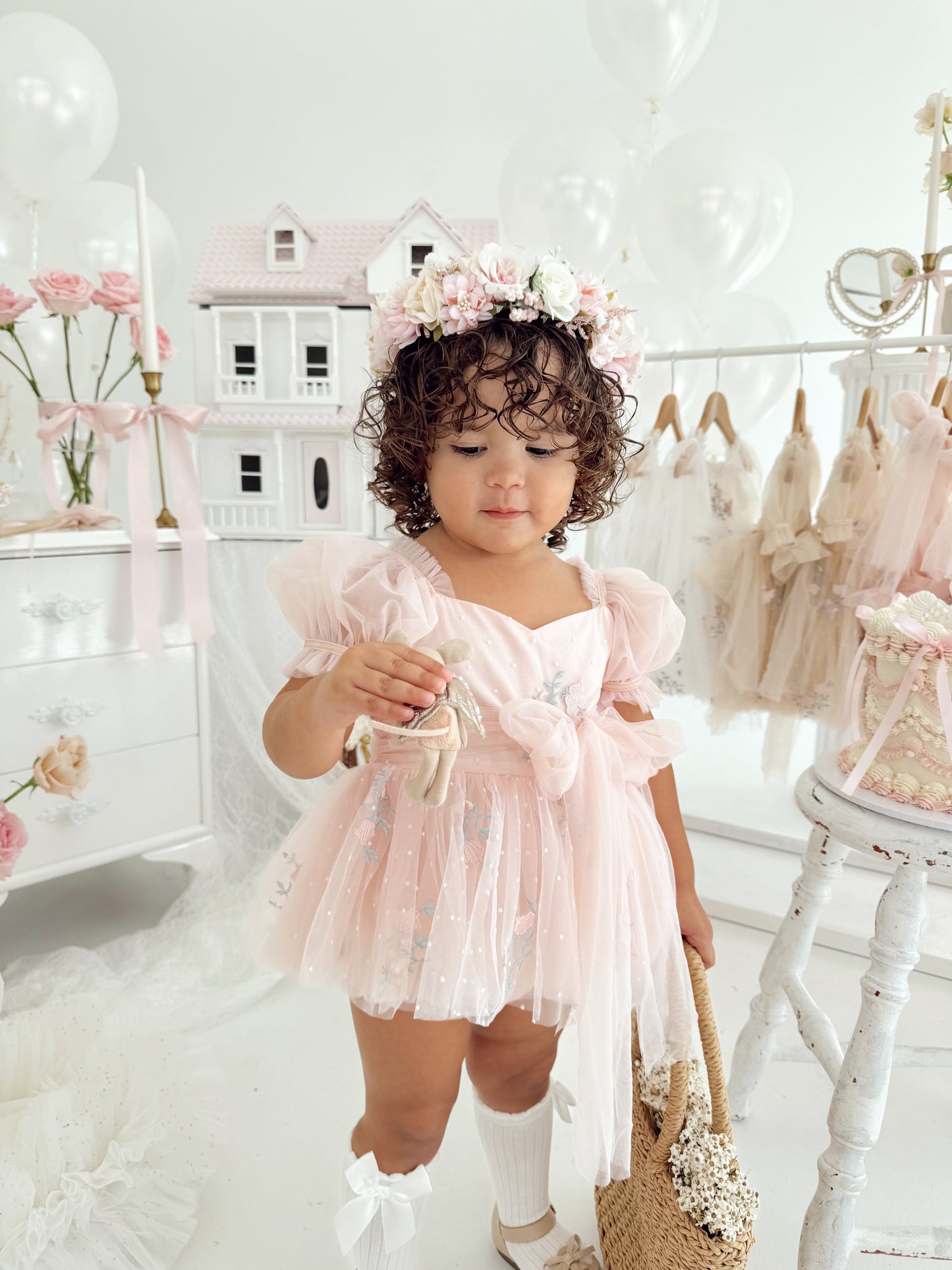 Swan Lake Ballerina Pink Embroidered Baby Girl Tulle Party Romper
