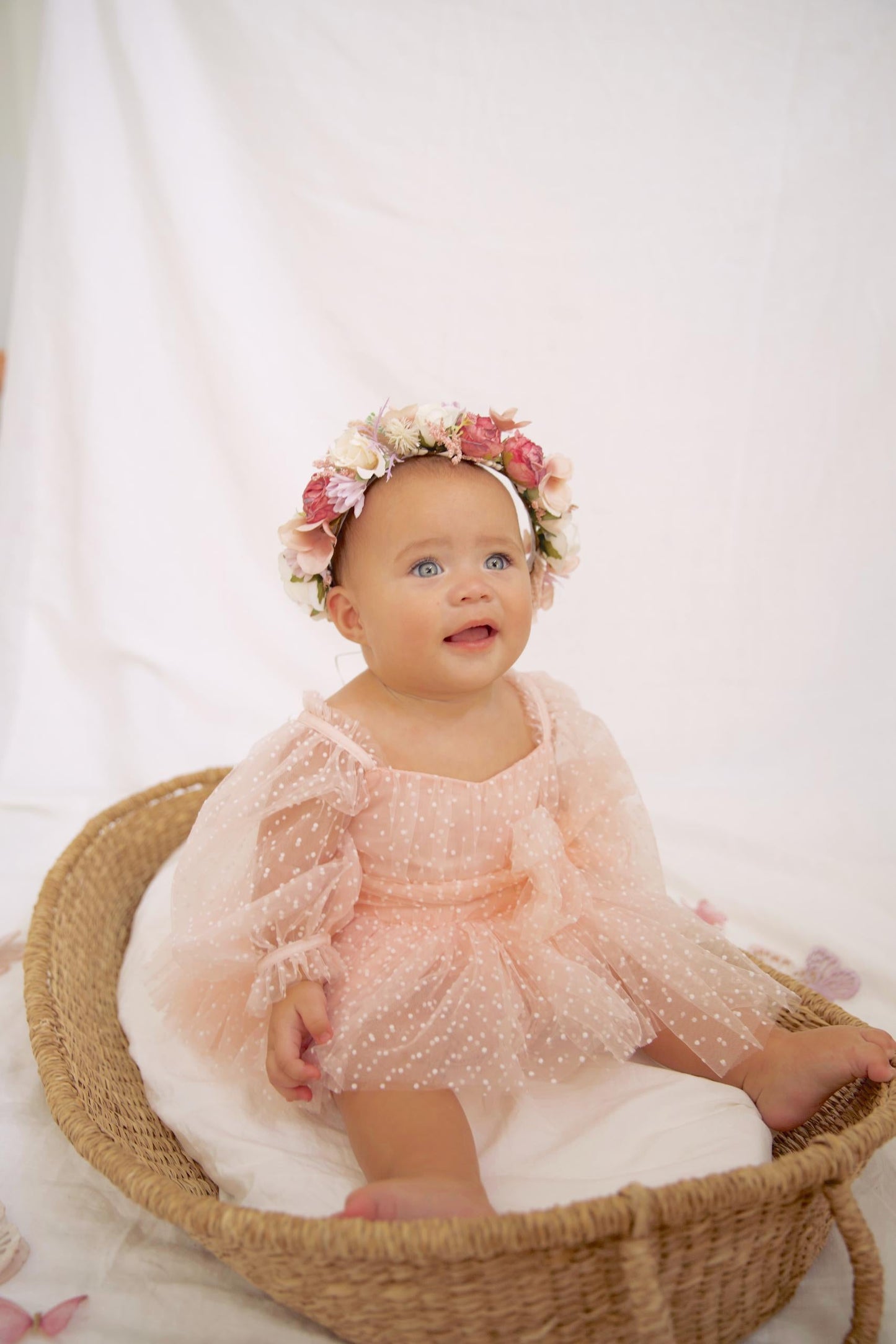 Swiss Dot Bloom Pink Rose Baby Girl Tulle Party Romper