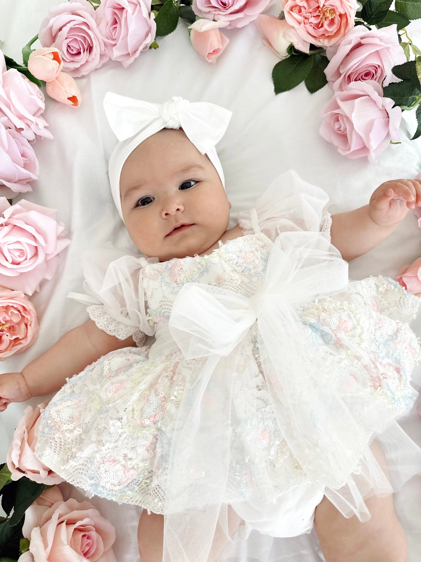 Josephine Lace Blossom Baby Girl Sequin White Tulle Party Romper