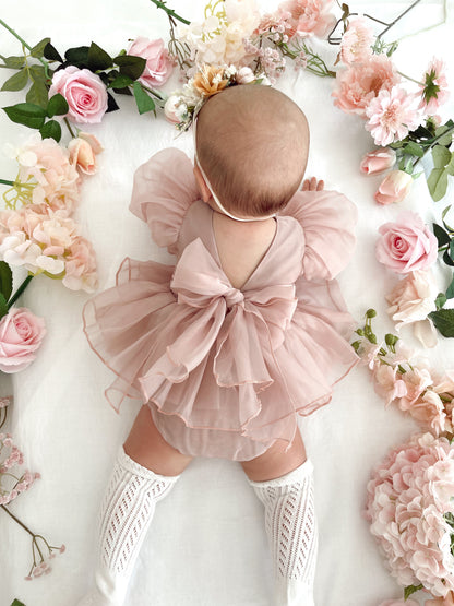 Clementine Matte Blush Rose Pink Organza Baby Girl Romper