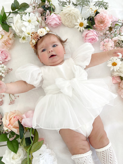 Clementine Matte White Organza Baby Girl Romper