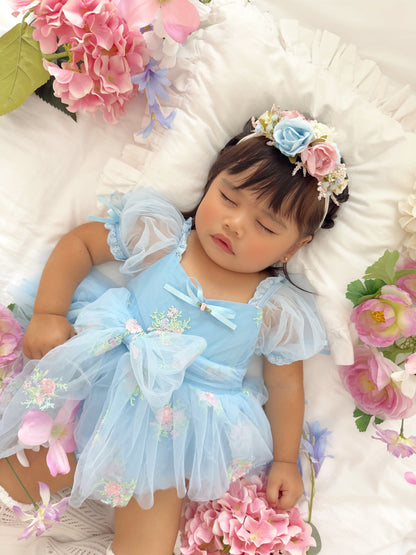 Afina Blue Embroidered Baby Girl Tulle Party Romper