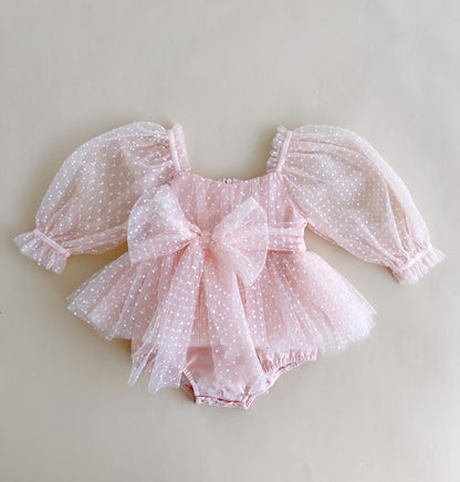 Swiss Dot Bloom Pink Rose Baby Girl Tulle Party Romper