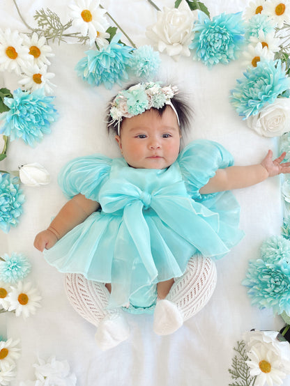Dolly Turquoise Sky Organza Baby Girl Blue Party Romper