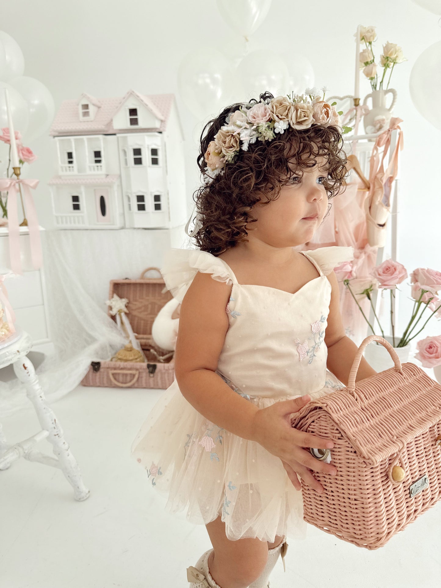 The Rose Champagne Embroidered Baby Girl Tulle Party Romper