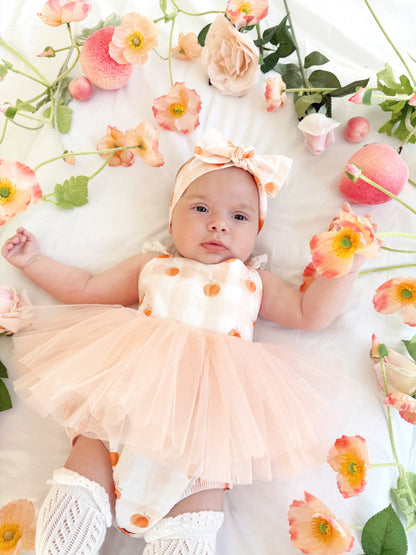 Peach Sorbet Gingham Baby Girl Tulle Party Romper