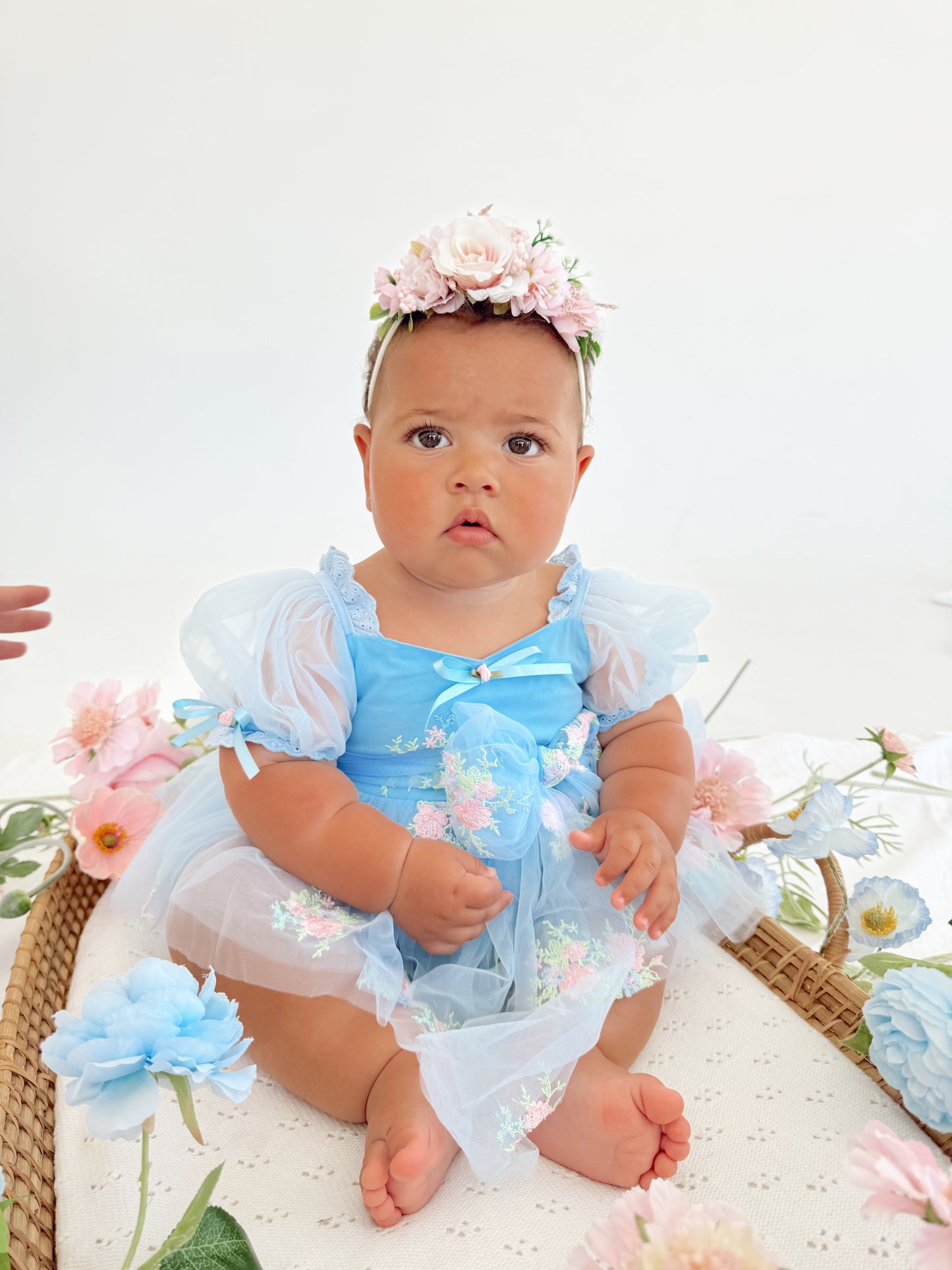 Afina Blue Embroidered Baby Girl Tulle Party Romper