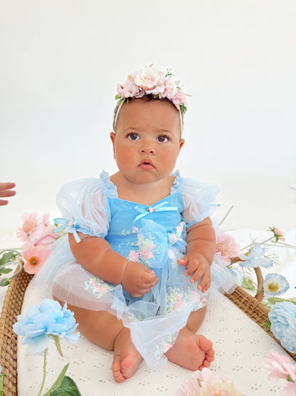 Afina Blue Embroidered Baby Girl Tulle Party Romper