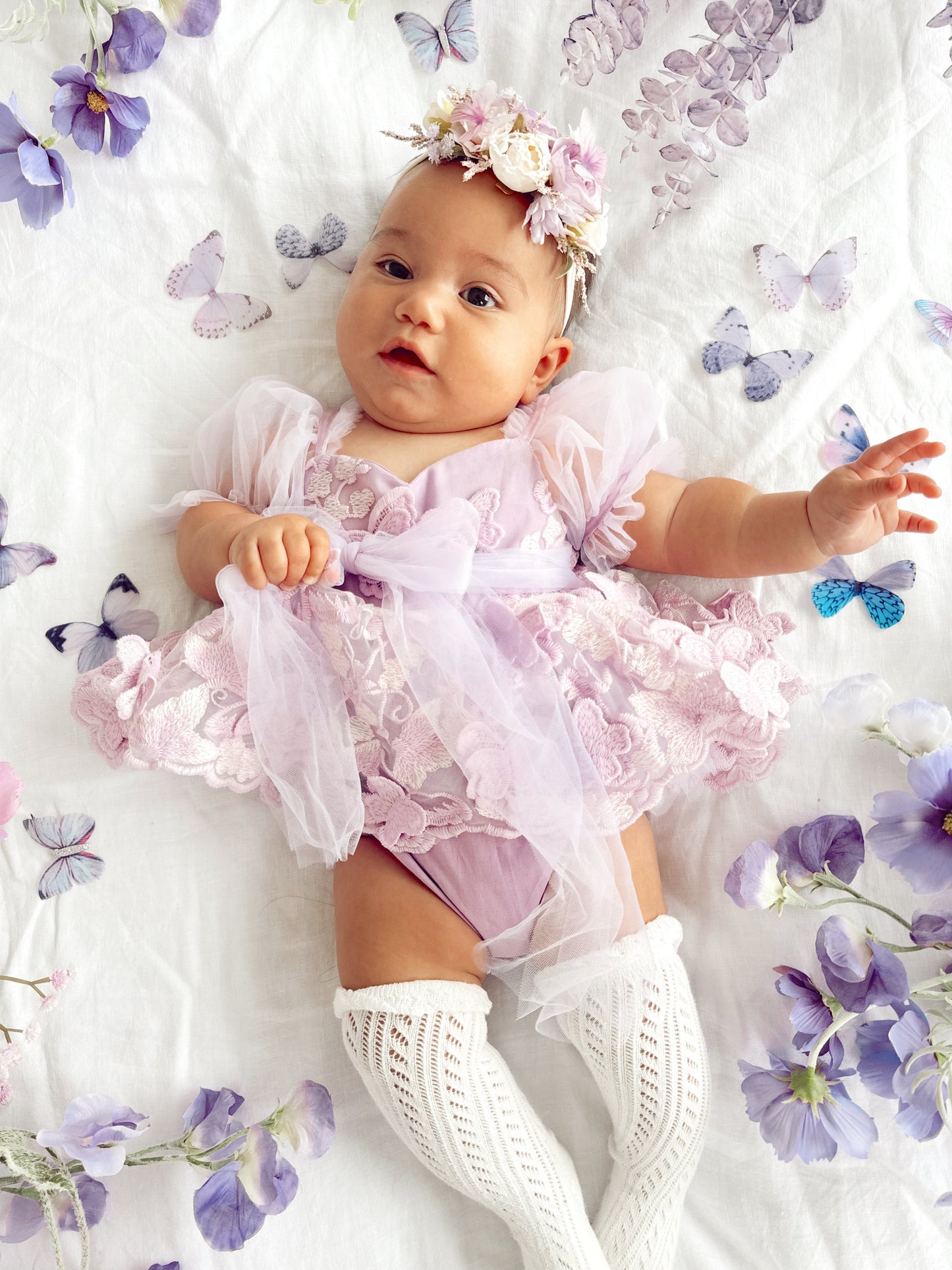 Butterfly Kisses Lilac Pink Rose Embroidered Baby Girl Tulle Party Romper