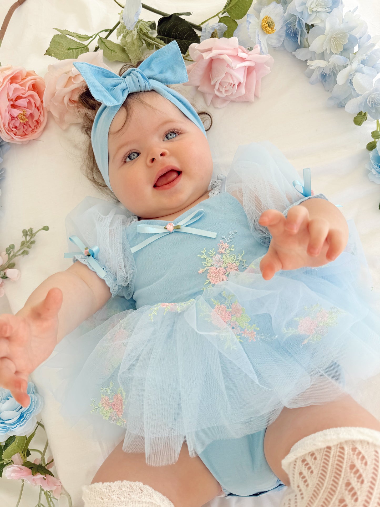 Afina Blue Embroidered Baby Girl Tulle Party Romper