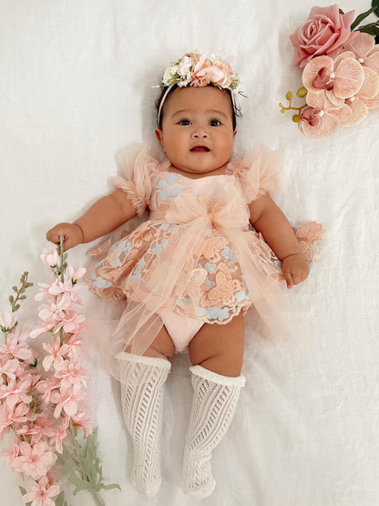 Butterfly Kisses Peach Rose Baby Girl Embroidered Tulle Party Romper