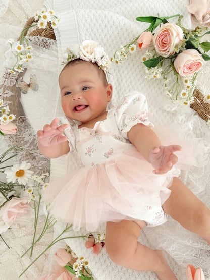 Odessa Flower Perfect Pink Floral Baby Girl Tulle Party Romper