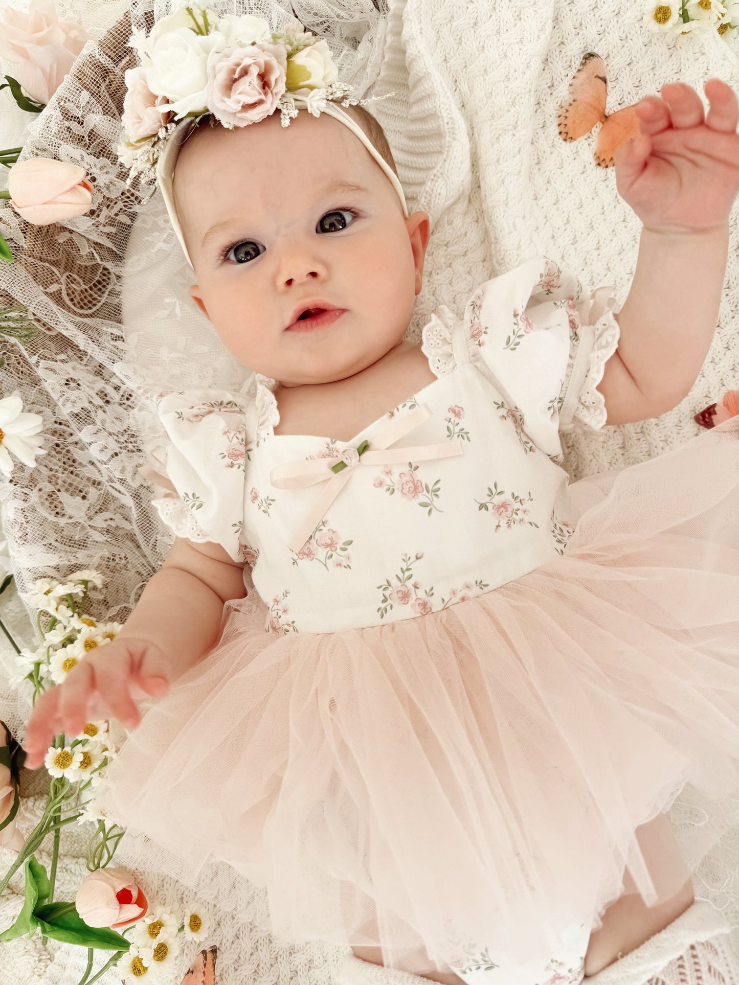 Odessa Flower Perfect Pink Floral Baby Girl Tulle Party Romper