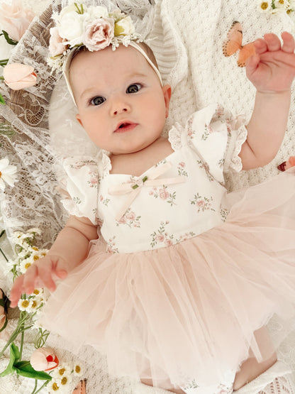 Odessa Flower Perfect Pink Floral Baby Girl Tulle Party Romper