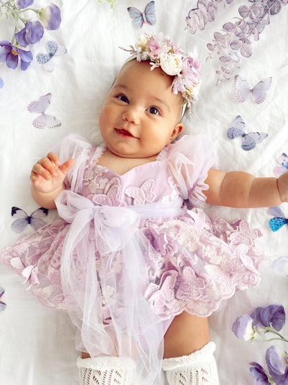 Butterfly Kisses Lilac Pink Rose Embroidered Baby Girl Tulle Party Romper