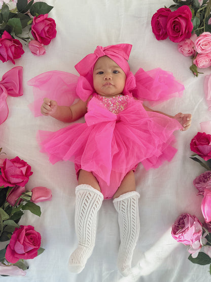 Theodora Fuchsia Pink Sequin Baby Girl Tulle Party Romper