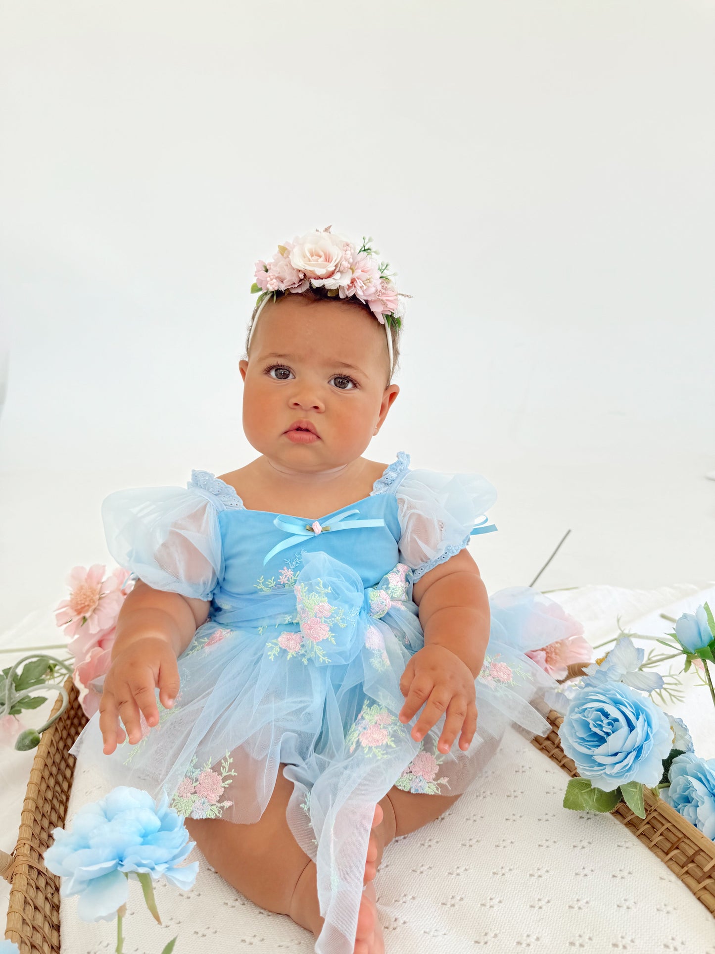 Afina Blue Embroidered Baby Girl Tulle Party Romper