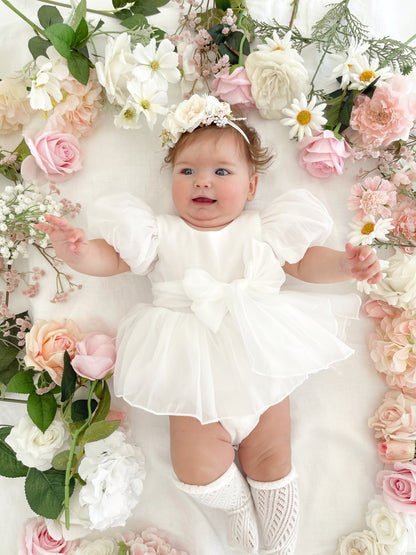 Clementine Matte White Organza Baby Girl Romper