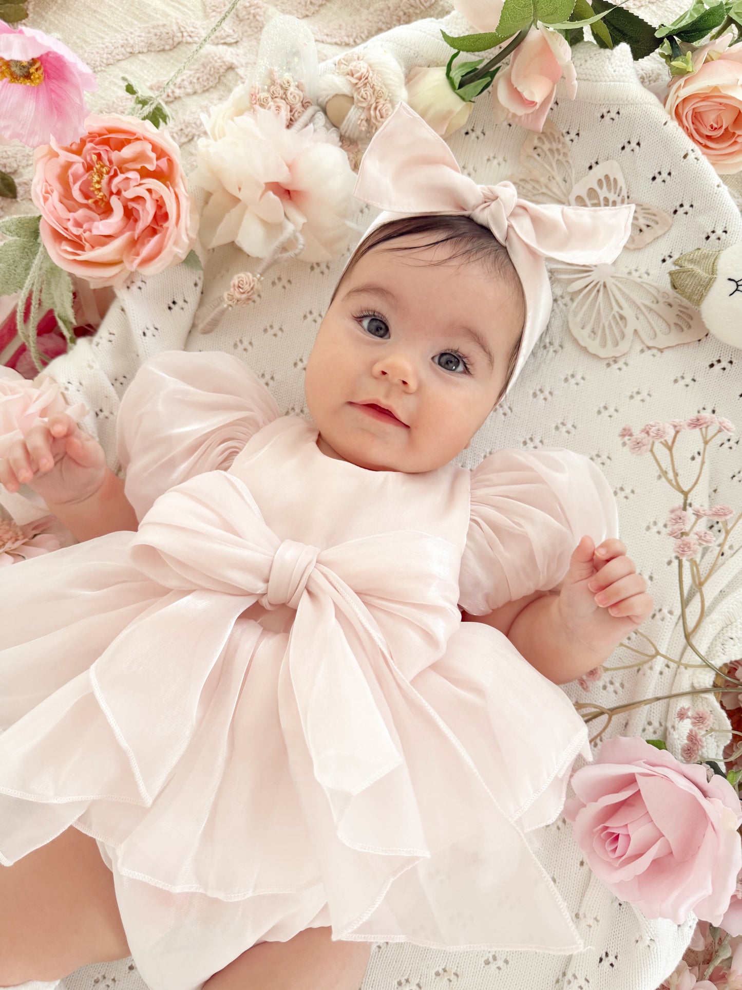 Scarlette Rose Petal Pink Organza Baby Girl Party Romper