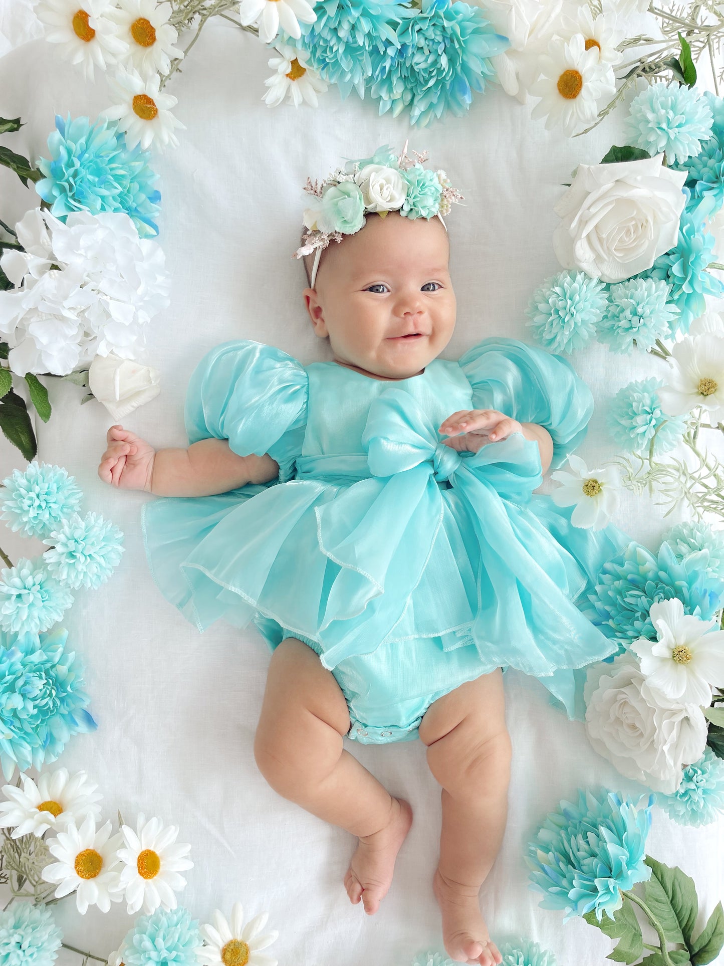 Dolly Turquoise Sky Organza Baby Girl Blue Party Romper